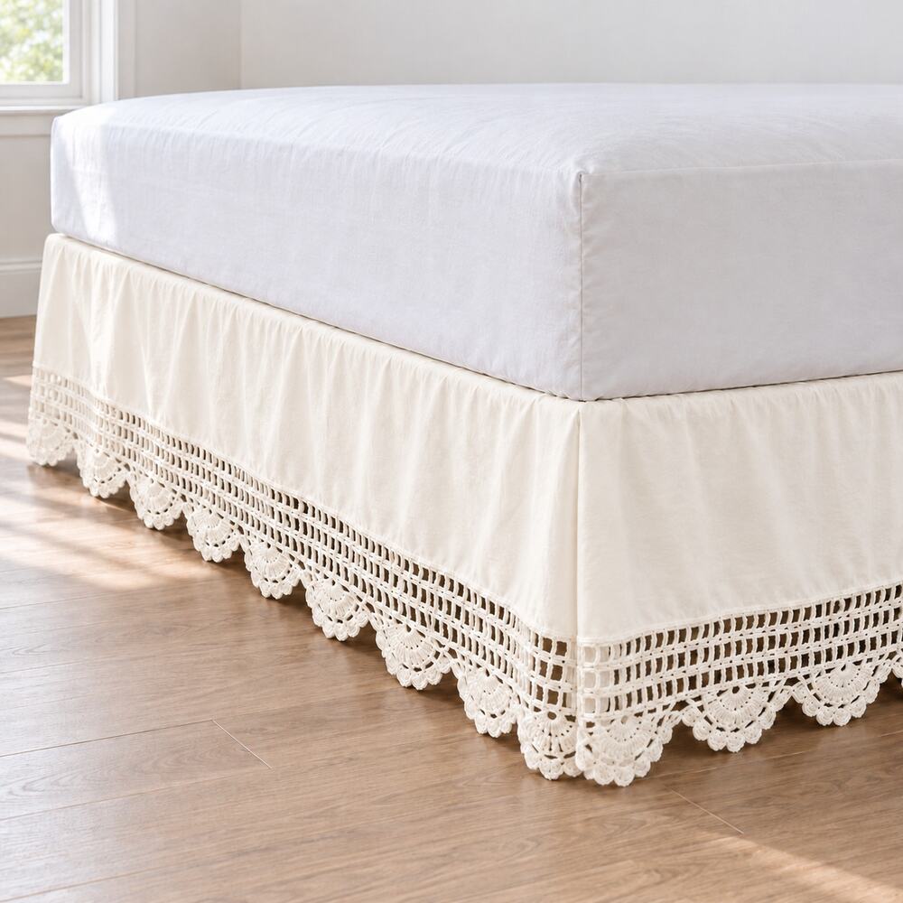 Ivory Cotton Twin Bed Skirt Crocheted Lace Scalloped Edge Cottage Core COuntry